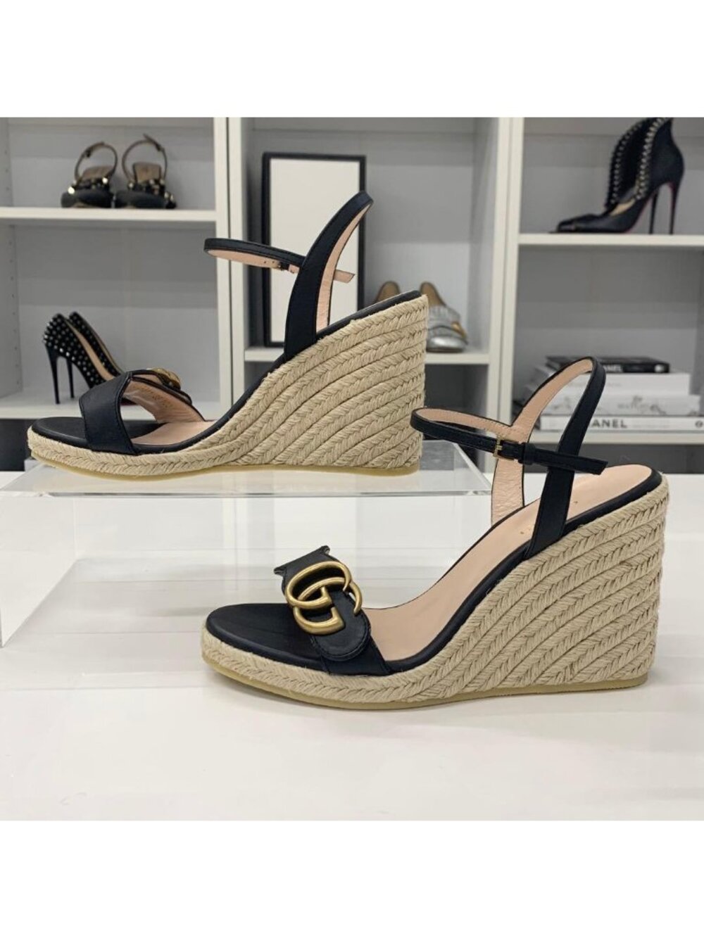 Gucci Leather Double G Wedge Sole Espadrille Sandals Black - Picture 3 of 11